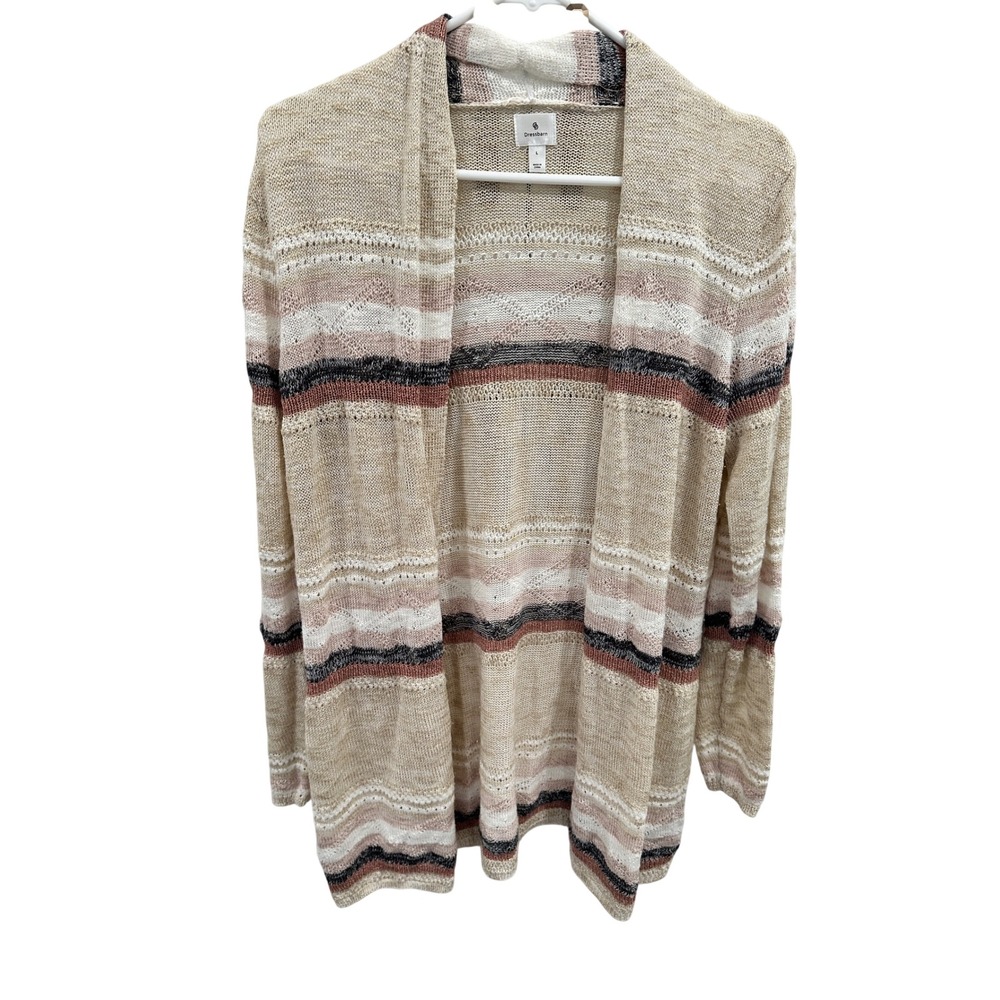 Dressbarn Womens‎ Large Beige Striped Pointelle Knit Open Front Cardigan Sweater